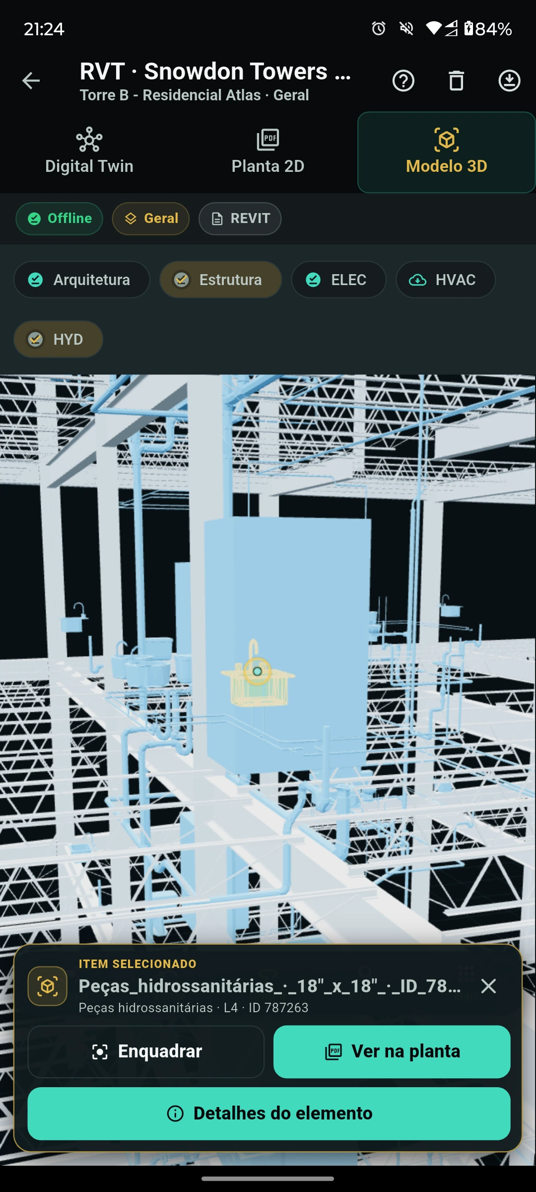 Modelo BIM federado no Garvox Mobile, com arquitetura, estrutura, elétrica e hidráulica carregadas e climatização ainda por baixar