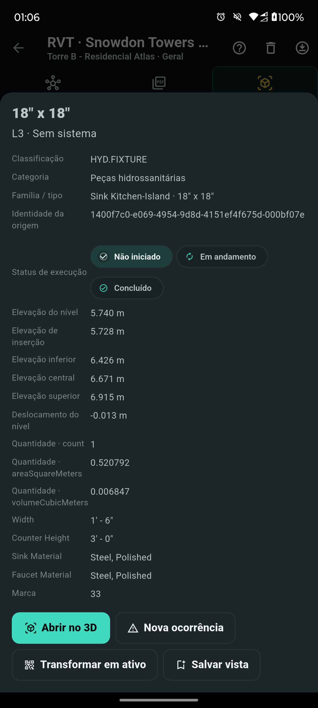 Ficha do elemento no Garvox Mobile: classificação, família, cotas de elevação, quantitativos e status de execução