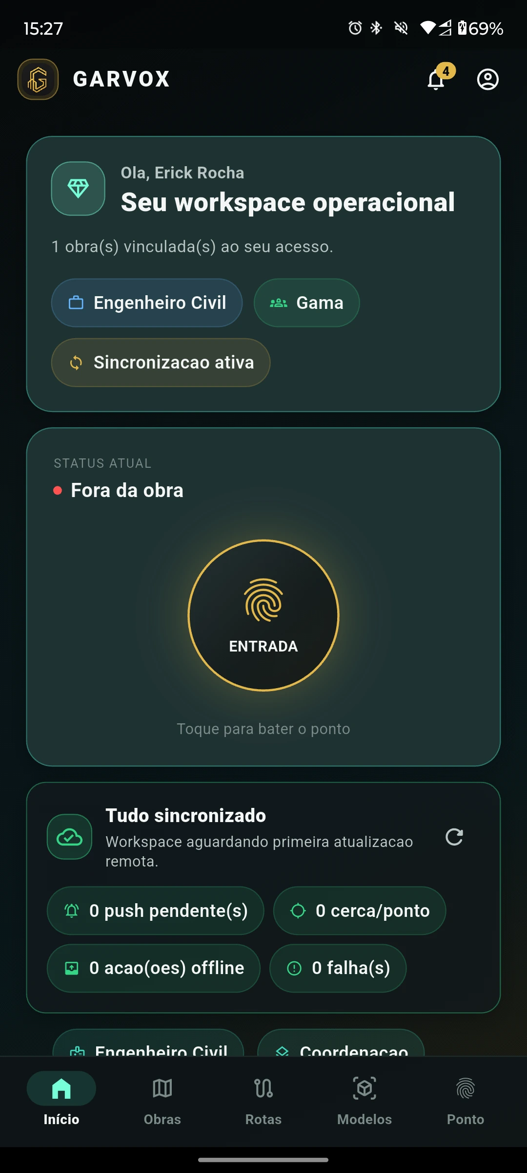 Tela inicial do Garvox Mobile com ponto por biometria